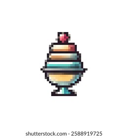 Vector pixel ice cream icon. Ice cream logo in a glass saucer. Dessert ice cream vector. Retro pixel style for games, videos, websites ice cream. 8bit style.