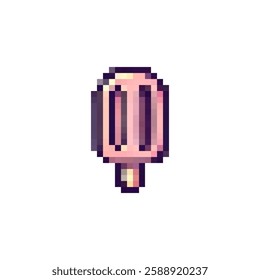 Vector pixel ice cream icon. Ice cream logo on a stick. Dessert ice cream vector. Dairy product ice cream. Retro pixel style for games, videos, websites Dessert. Style 80s - 90s.