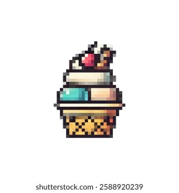 Vector pixel ice cream icon. Ice cream logo in a waffle cup. Dessert ice cream vector. Dairy product ice cream. Retro pixel style for games, videos, websites Dessert. 8bit style.