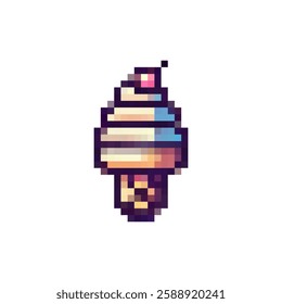 Vector pixel ice cream icon. Ice cream logo in a waffle cup. Dessert ice cream vector. Dairy product ice cream. Retro pixel style for games, videos, websites Dessert. 8bit style.
