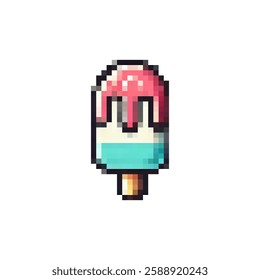 Vector pixel ice cream icon. Ice cream logo on a stick. Dessert ice cream vector. Dairy product ice cream. Retro pixel style for games, videos, websites Dessert. Style 80s - 90s.