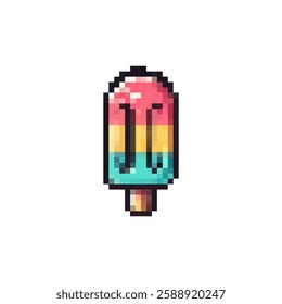 Vector pixel ice cream icon. Ice cream logo on a stick. Dessert ice cream vector. Dairy product ice cream. Retro pixel style for games, videos, websites Dessert. Style 80s - 90s.