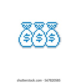 Vector pixel icon isolated, 8bit graphic element. Bags of money, simplistic digital sign created in business and finance theme. 