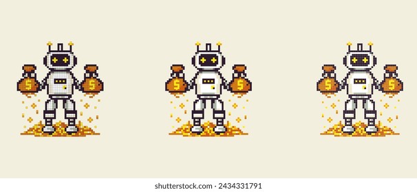vector pixel icon with a robot holding gold in his hands, he stands on gold on a white background