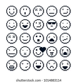 Vector pixel icons isolated, collection of 8bit graphic elements. Set of faces created in different emotional expressions, simplistic digital signs.