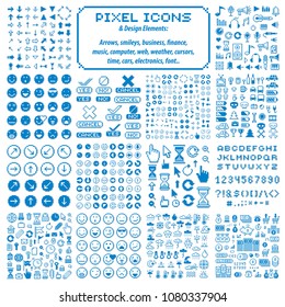 Vector pixel icons isolated, collection of 8bit graphic elements. Simplistic digital signs made in economic, business, social and emotion concepts. 