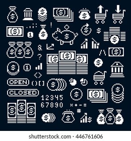 Vector pixel icons isolated, collection of 8bit graphic elements. Simplistic digital signs created in business and finance theme. 