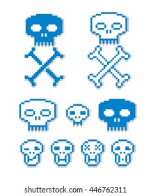 Vector pixel icons isolated, collection of 8bit graphic elements. Simplistic digital signs, human skulls with crossed bones.