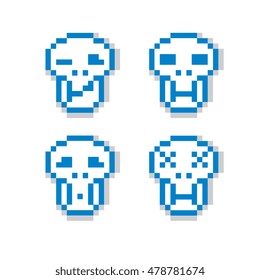 Vector pixel icons isolated, collection of 8bit graphic elements. Simplistic digital signs, human skulls. 