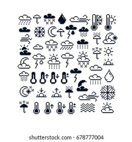 Vector pixel icons isolated, collection of 8bit meteorology graphic elements. Simplistic digital signs created in weather conditions theme. 