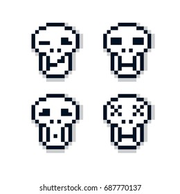 Vector pixel icons isolated, collection of 8bit graphic elements. Simplistic digital signs, human skulls. 