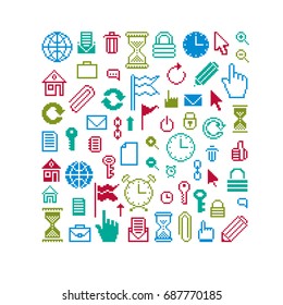 Vector pixel icons isolated, collection of 8bit graphic elements. Simplistic digital signs.