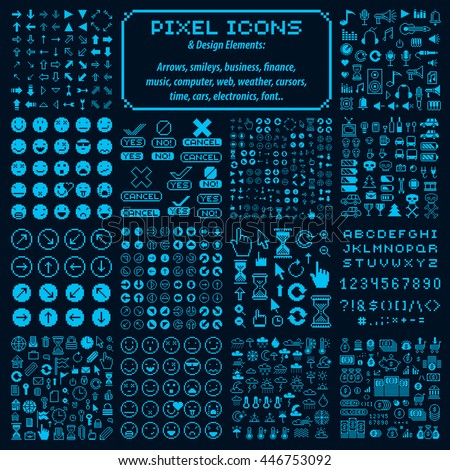 Vector pixel icons isolated, collection of 8bit graphic elements. Simplistic digital signs made in economic, business, social and emotion concepts.  Foto stock © 
