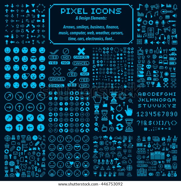 Vector pixel icons isolated,
collection of 8bit graphic elements. Simplistic digital signs made
in economic, business, social and emotion concepts.
