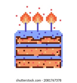 Vector pixel illustration of a Birthday biscuit cake with candles. Retro style, holiday pie with cream. Piece of cake