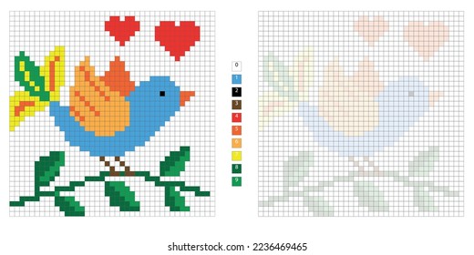 vector pixel illustration bright bird on a branch red hearts, embroidery, coloring by cells for the development of children and adults, the development of counting, logic, motor skills and imagination