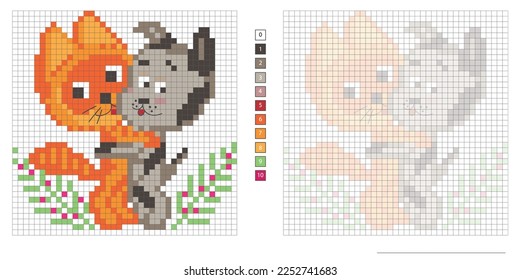 vector pixel illustration, cat and puppy hugging, coloring book, embroidery design, mosaic, creativity, development of motor skills and imagination