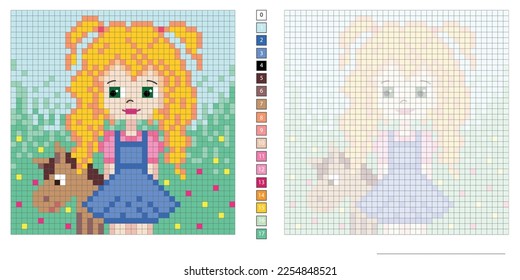 vector pixel illustration, girl with pony in the meadow, coloring book, embroidery design, mosaic, creativity, development of motor skills and imagination