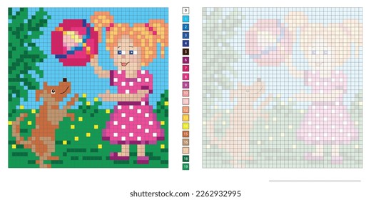 vector pixel illustration, girl with a puppy playing ball, coloring book, embroidery design, mosaic, creativity, development of motor skills and imagination