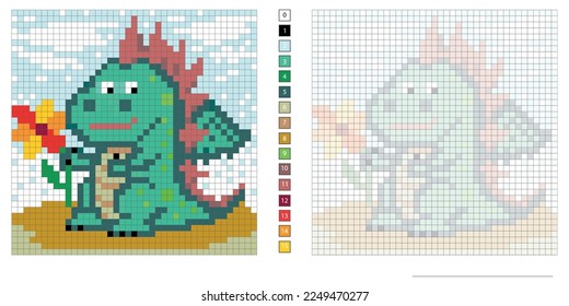 vector pixel illustration, little joyful dragon with a flower, coloring book, embroidery design, mosaic, creativity, development of motor skills and imagination