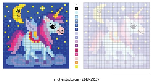 vector pixel illustration, a little unicorn flying across the starry sky, coloring book, embroidery design, mosaic, creativity, motor skills and imagination development