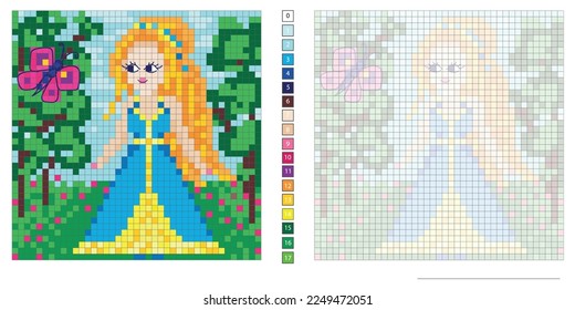 vector pixel illustration, princess in the park met a butterfly, coloring book, embroidery design, mosaic, creativity, development of motor skills and imagination