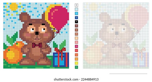 vector pixel illustration, teddy bear with a gift and balloons, coloring book, embroidery design, mosaic, creativity development of motor skills and imagination
