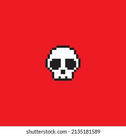 Vector Pixel Illustration. White Skull on Red Background. 8 bit skull icon. Pirate. Skeleton. Toxic. Death. Bone. Horror. Emblem. Warning. Caution. Danger. Crossbones. Poison. Sign. Symbol.