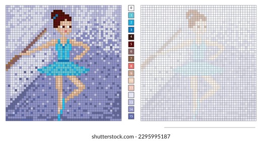 vector pixel illustration, young ballerina, coloring book, embroidery design, mosaic, creativity, development of motor skills and imagination