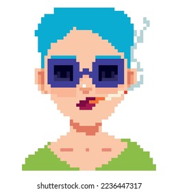Vector pixel image of a girl with a cigarette in her lips.