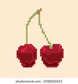 Imagen de píxeles de Vector de una rama de cereza roja. Ideal para icono, pegatina, juegos y diseño retro