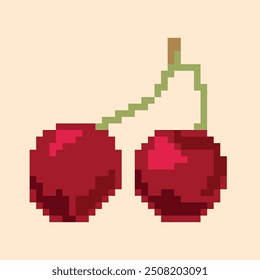 Imagen de píxeles de Vector de una cereza roja con ramas sobre un fondo beige claro. Ideal para icono, pegatina, juegos y diseño retro