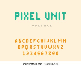 Vector pixel latin alphabet letters and numbers. Rounded pixel font