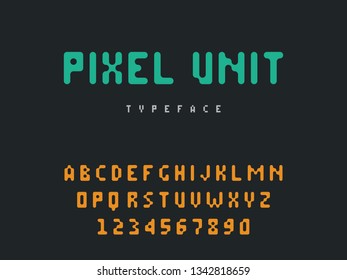 Vector pixel latin alphabet letters and numbers. Rounded pixel font