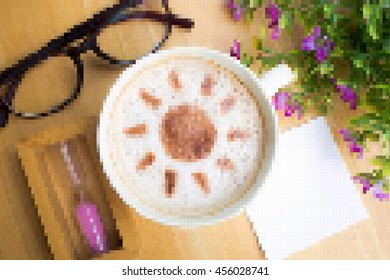 vector pixel , latte art coffee in sun design with paper note and sand glass on wooden table
