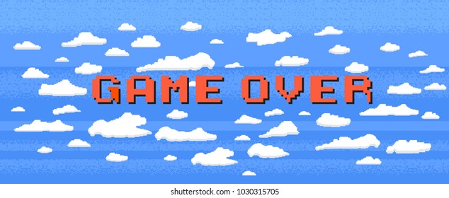 Vector pixel message: game over. Illustration of pixel computer game on blue background.