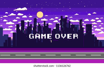 Vector pixel message: game over. Pixel art game background with road, ground, sunset, landscape, sky, clouds, silhouette city, stars and moon. Background with gradient.