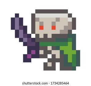 Vector pixel monster. Pixel art style 8-bit. Illustration of pixel character with a sword on white background. Cartoon person to use in a computer game. Minimalistic pixel graphic monster adversary
