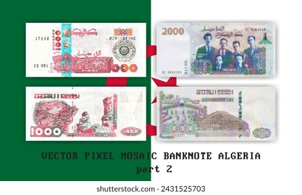 In: Vector pixel mosaic banknote of Algeria. Banknoten von 1000 Dinar 2018 und 2000 Dinar 2020 Stückelung. Vorwärts und rückwärts. Spielen Sie Geld oder Flyer. Teil 2