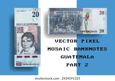 Vector pixel mosaic banknote of Guatemala. Note in denominations of 20 Quetzales. Play money or flyers. Part 2