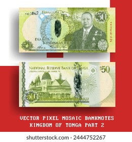 Vector pixel mosaic banknote of Kingdom of Tonga. Note in denominations of 50 paanga. Obverse and reverse. Play money or flyers. Part 2