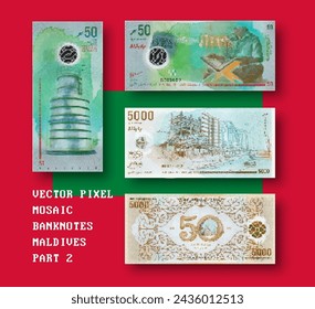 Vector pixel mosaic banknote of Maldives. Note in denominations of 50, 5000 rufiyaa 2015. Play money or flyers. Obverse and reverse. Part 2