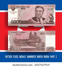 Vector pixel mosaic banknote of North Korea. Note in denominations of 5000 won 2013. Obverse and reverse. Play money or flyers. Part 2