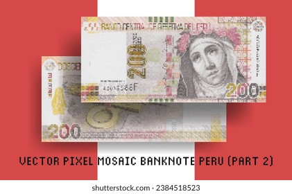 Vector pixel mosaic banknote of Peru. Bill of 200 Peruvian sols. Flyers or play money. Part 2