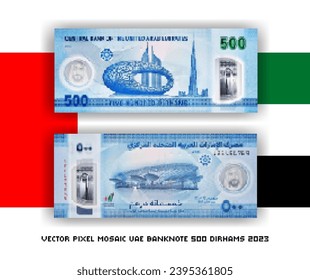 Vector pixel mosaic banknote of the United Arab Emirates. Note of 500 dirhams 2023. Obverse and reverse. Play money or flyer.