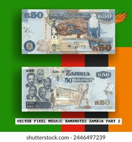 Mosaik - Vektorgrafik - Pixel - Banknote Sambias. Anmerkung in Stückelungen von 50 kwacha. Vorwärts und rückwärts. Spielen Sie Geld oder Flyer. Teil 2
