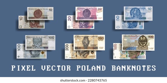 Vector pixel mosaic banknotes of Poland. Bills in denominations of 10, 20, 50, 100, 200 and 500 zlotys. Polish notes.