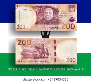 Vector pixel mosaic Lesotho banknote. Note in denomination of 200 maloti 2023. Obverse and reverse. Play money or flyers. Part 2