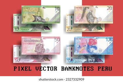 Vector pixel mosaic set of banknotes of Peru. Bills of 10, 20, 50 and 100 Peruvian sols. Flyers or play money.