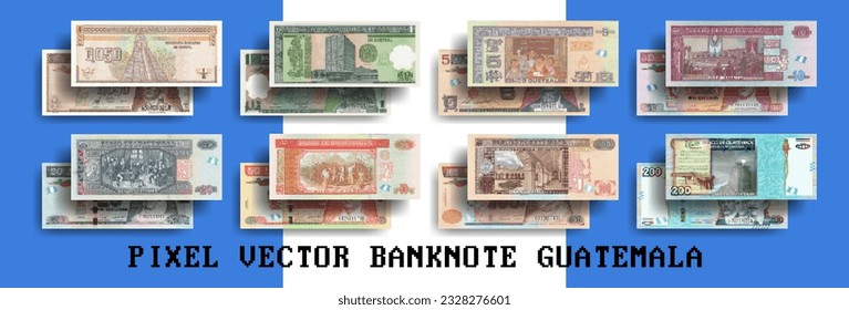 Vector pixel mosaic set of banknotes of Guatemala. Banknotes in denominations of half a quetzal, from 1 to 200 quetzals. Flyers or play money.